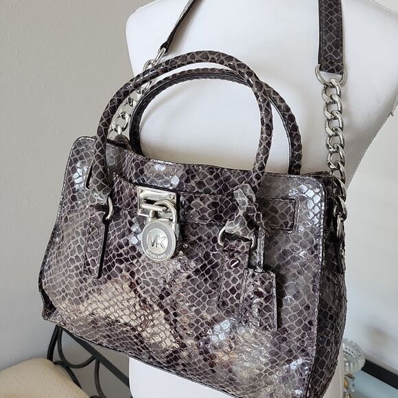 MICHAEL KORS Hamilton Dark Grey Python Snakeskin Prints Small Satchel Bag - Picture 6 of 16